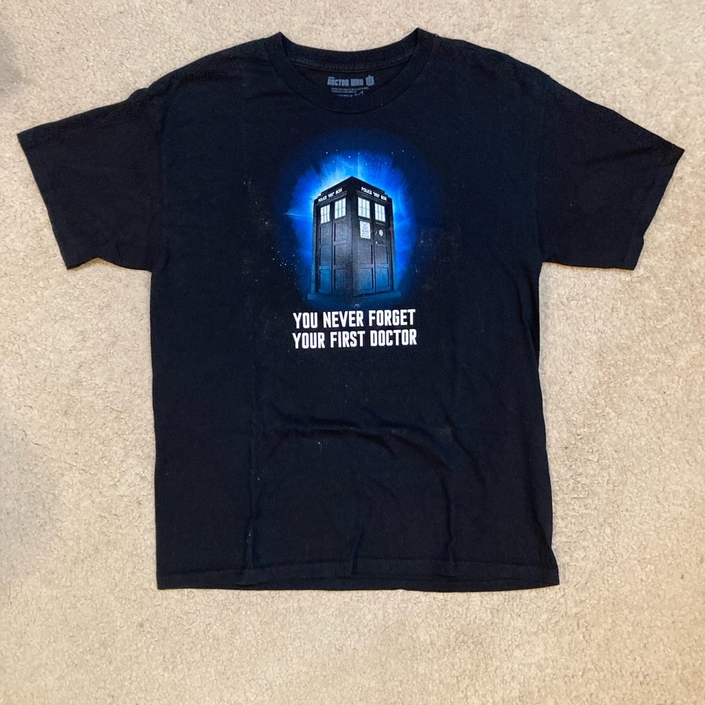 Men's Doctor Who Large Black "YOU NEVER FORGET YOUR FIRST DOCTOR" T-Shirt